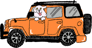 オレンジJEEP車と白い犬