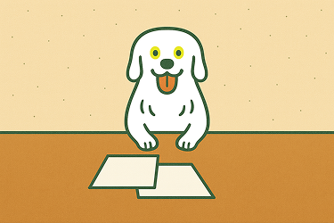 打ち合わせ中の白い犬